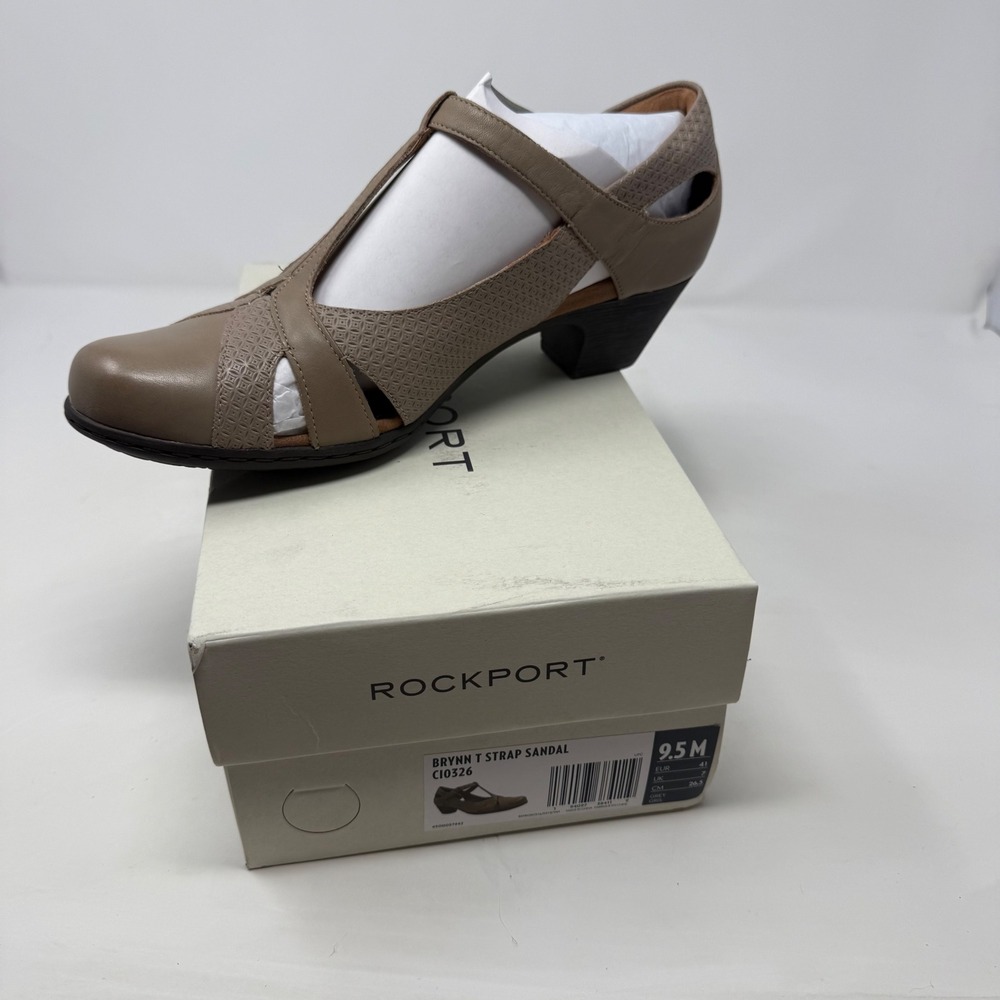 Rockport‎ Brynn T Strap Sandal Grey Leather Laser Cut Heels CI0326 Womens 9.5 M